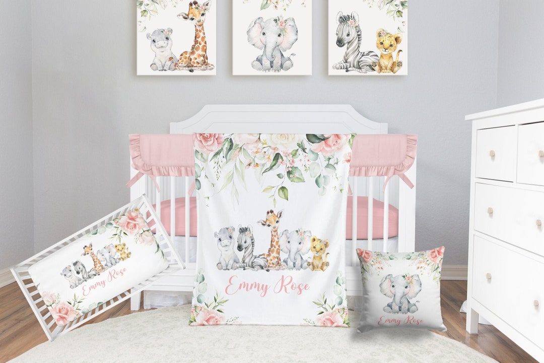 Safari Crib Bedding Set, Personalized Baby Girl Blanket, Safari Animal