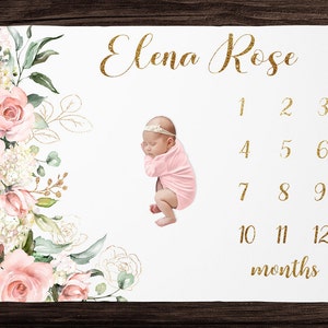 Vintage Floral Milestone Blanket Girl Monthly Growth Blanket-Personalized Baby Girl Blanket with Golden Accents- Baby Shower Gift Photo Prop