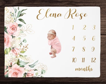 Vintage bloemen mijlpaal deken meisje maandelijkse groei deken-gepersonaliseerde baby meisje deken met gouden accenten- kraamcadeau foto prop