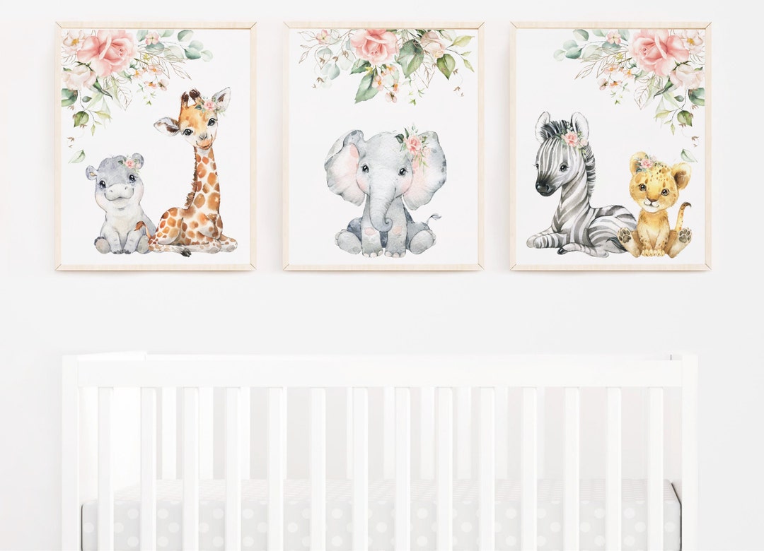Baby Girl Safari Wall Art baby Girl Nursery Wall Art floral Safari Art