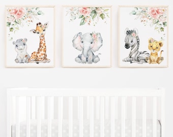 Baby Girl Safari Wall Art -Baby Girl Nursery Wall Art -Floral Safari Art for Girl's Room - Set of 3 Safari Art Prints - Eucalyptus Art -310