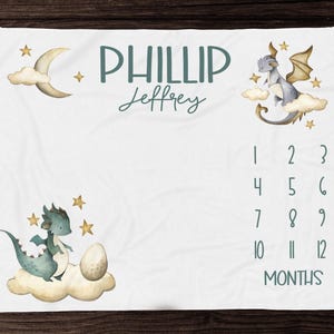 Dragon Baby Milestone Blanket - Monthly Photos Blanket-Personalized Baby Boy Blanket with Dragons -Baby Shower Gift -Baby Boy Milestone 322 image 1