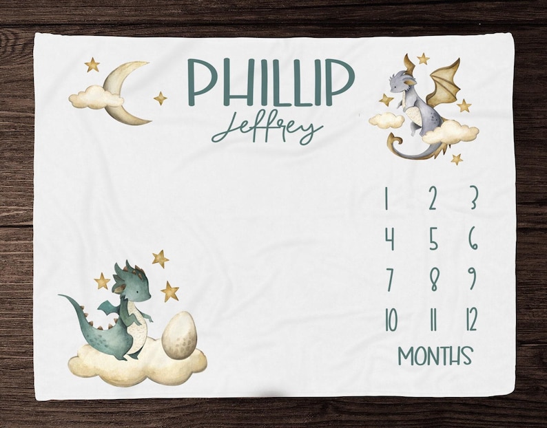 Dragon Baby Milestone Blanket - Monthly Photos Blanket-Personalized Baby Boy Blanket with Dragons -Baby Shower Gift -Baby Boy Milestone 322 image 1