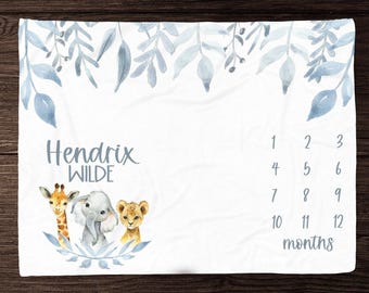Safari Animal Milestone Blanket Baby Boy Monthly Photos Blanket-Personalized Baby Boy Blanket with Safari Animals - Custom Baby Shower Gift