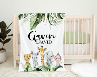 Spersonalizowany kocyk dla chłopca - kocyk safari dla chłopca - zwierzęta dżungli - prezent na baby shower - kocyk z imieniem dziecka - pościel dla dziecka ze zwierzętami safari