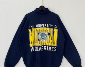 Vintage 90s University Michigan Sweatshirt Crewneck Pullover Michigan Wolverines Print Logo Blue XXLarge