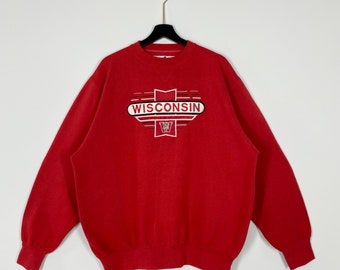 Vintage 90s University Wisconsin Sweatshirt Wisconsin Crewneck Wisconsin Sweater Pullover Wisconsin Badgers Embroidered Logo Red XLarge