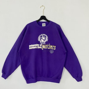 Vintage University Northern Iowa Sweatshirt Crewneck Pullover Northern Iowa Panthers Print Logo Purple Large