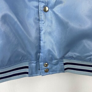 Puede incluir: Chaqueta de sat&eacute;n azul claro con cierre de botones a presi&oacute;n. La chaqueta presenta un dobladillo y pu&ntilde;os acanalados con rayas blancas y azul marino. El primer plano resalta el brillo de la tela y los botones met&aacute;licos.