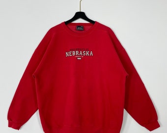 Vintage 90s University Nebraska Sweatshirt Nebraska Crewneck Nebraska Sweater Pullover Nebraska Cornhuskers Print Logo Red XXLarge