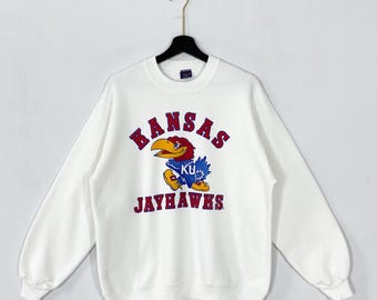 Vintage 80s University Kansas Sweatshirt Crewneck Pullover Kansas Jayhawks Print Logo White Medium