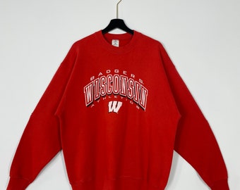 Vintage 90s University Wisconsin Sweatshirt Wisconsin Crewneck Wisconsin Sweater Pullover Wisconsin Badgers Print Logo Red XLarge