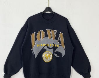 Vintage 90er Jahre Universität Iowa Sweatshirt Crewneck Pullover Iowa Hawkeyes Print Logo Schwarz Large