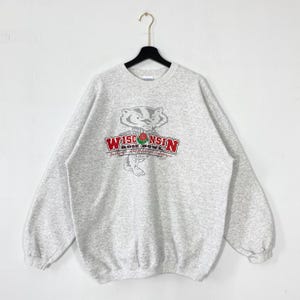 Vintage 90s University Wisconsin Sweatshirt Wisconsin Crewneck Wisconsin Sweater Pullover Wisconsin Badgers Print Logo Grey XXLarge