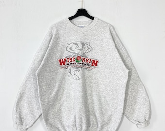 Vintage 90s University Wisconsin Sweatshirt Wisconsin Crewneck Wisconsin Sweater Pullover Wisconsin Badgers Print Logo Grey XXLarge