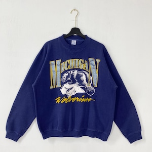 Vintage 90s University Michigan Sweatshirt University Michigan Crewneck Michigan Sweater Pullover Michigan Wolverines Print Logo Blue Large
