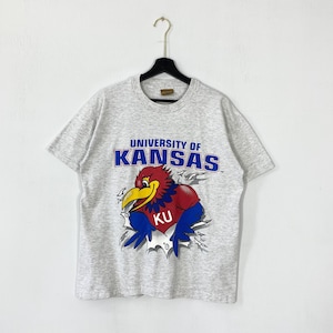 Vintage 90s University Kansas Jayhawks T-Shirt Nutmeg NCAA Football Sportswear Single Stitch Grey Medium
