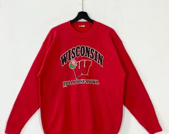 Vintage 90s University Wisconsin Sweatshirt Crewneck Pullover Wisconsin Badgers Print Logo Red Large