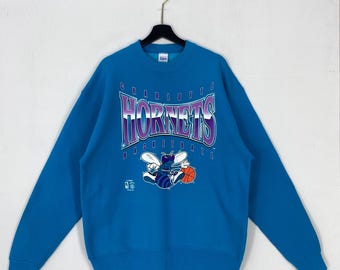 Vintage 90s Charlotte Hornets Sweatshirt Crewneck Pullover Sportswear NBA Hornets Basketball Print Logo Blue XLarge