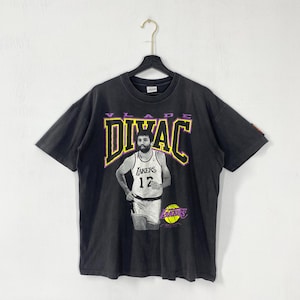 Vintage 90s Los Angeles Lakers T-Shirt Starter Vlade Divac NBA Sportswear Single Stitch Black Large