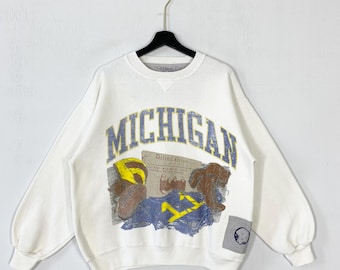 Vintage 90er Jahre UniversitÃ¤t Mikazu (Michigan) Sweatshirt Rundhalsausschnitt Pullover Michail Greene (Michigan Wolverines) Drucklogo Weiss Medium