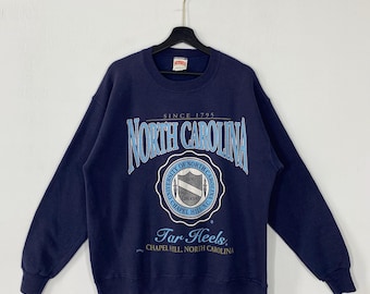Vintage 90s University North Carolina Sweatshirt Crewneck Pullover Tar Heels Football Print Logo Blue Large