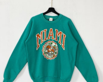 Vintage 90s University Miami Sweatshirt University Miami Crewneck Miami Sweater Pullover Miami Hurricanes Print Logo Green Large