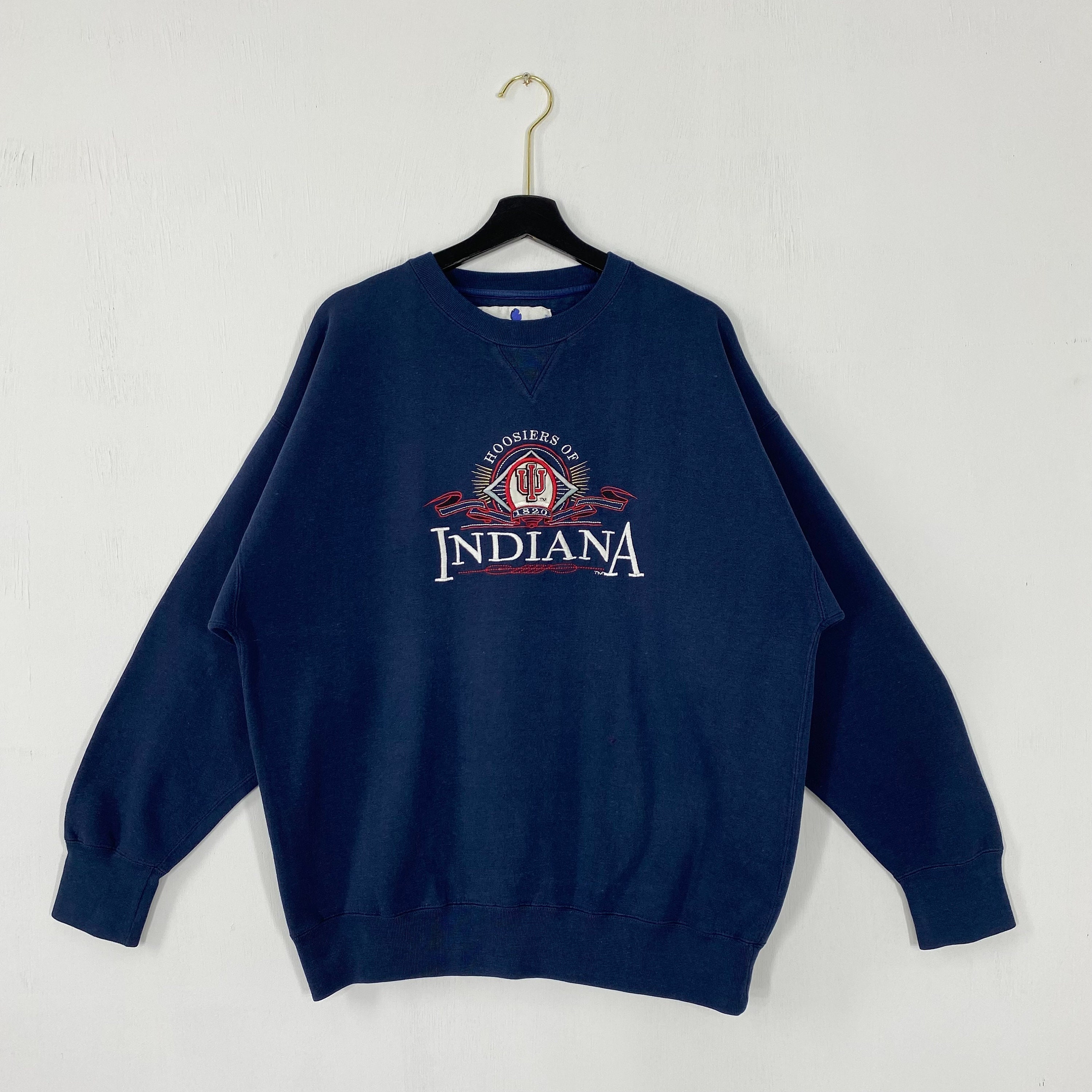 Vintage 90s Indiana University Sweatshirt Indiana Crewneck Indiana Hoosiers Sweater Pullover Indiana Hoosiers Embroidered Logo Blue XLarge