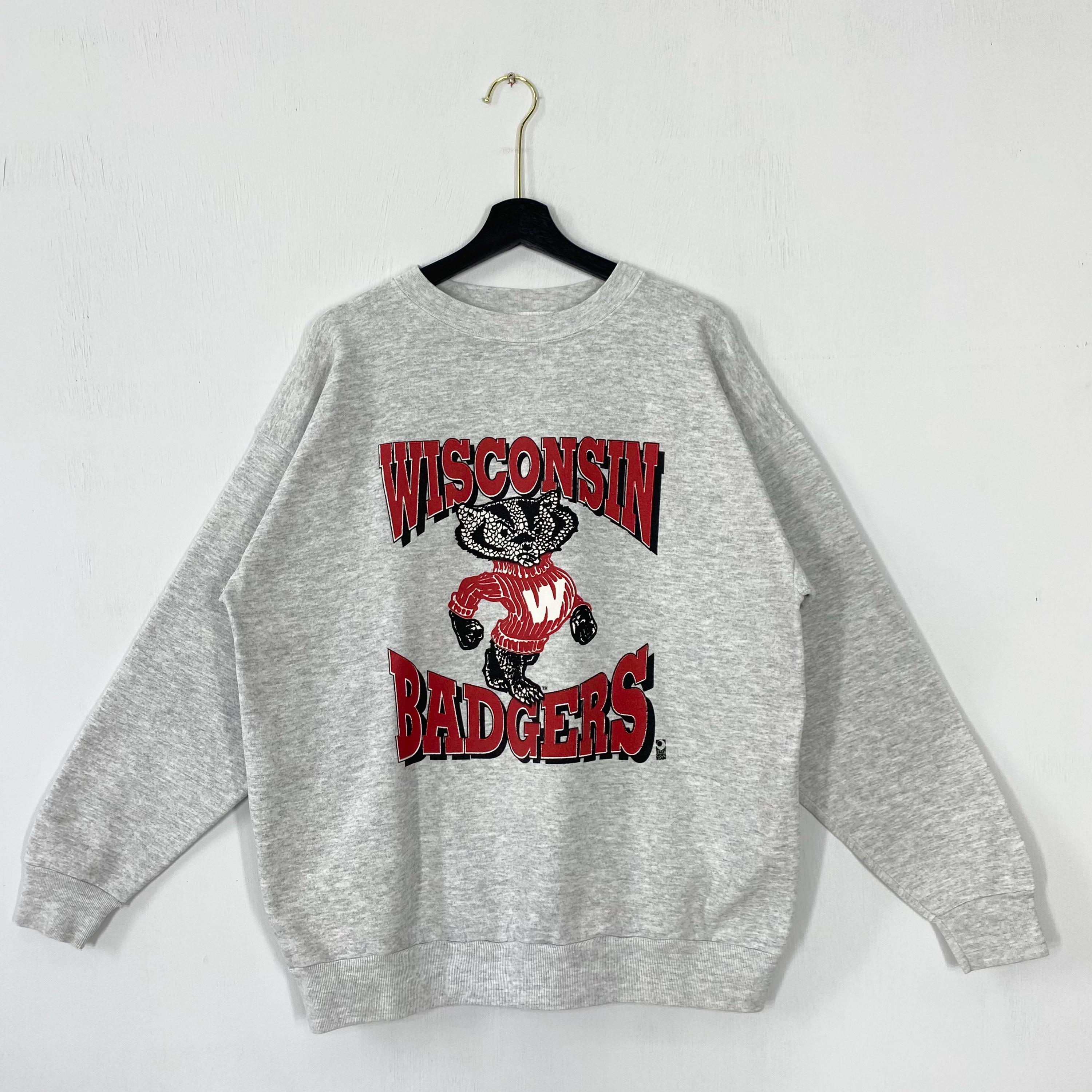 Vintage 90s University Wisconsin Sweatshirt University Wisconsin Crewneck Wisconsin Sweater Pullover Wisconsin Badgers Print Logo Grey Large