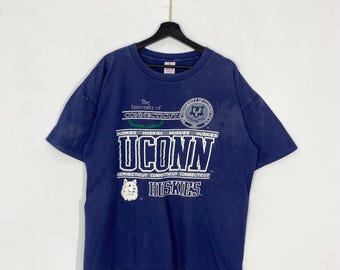 Vintage 90s University Connecticut T-Shirt UConn Huskies NCAA Football Sportswear Blue XLarge