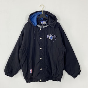 Vintage 90-tals Orlando Magic heldragkedja vadderad jacka med huva, sportkläder, NBA-starter, broderad logotyp, svart, medium