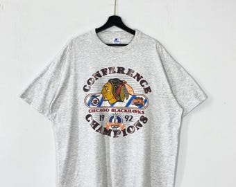 Vintage 90er Jahre Chicago Blackhawks T-Shirt Starter NHL Sportswear Single Stitch Grau XLarge