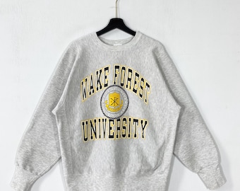 Vintage 90s Wake Forest University Sweatshirt Crewneck Pullover Demon Deacons Print Logo Grey XLarge