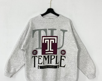 Vintage 90er Jahre Temple College Sweatshirt Crewneck Pullover Tempel Eulen Print Logo Grau Medium