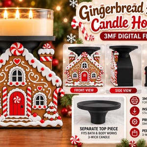 May include: A gingerbread house candle holder with a black top platform, featuring white icing details, red accents, and candy cane motifs. The design includes a front, side, and back view, along with a separate black top piece for a 3-wick candle.