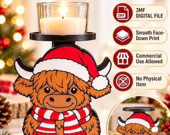 Puede incluir: Un archivo digital de portavelas Santa Highland Cow con una vaca marrón que lleva un gorro de Papá Noel rojo y blanco y una bufanda a rayas rojas y blancas. El texto incluye Santa Highland Cow Candle Holder, 3MF Digital File, Smooth Face-Down Print, Commercial Use Allowed y No Physical Item.