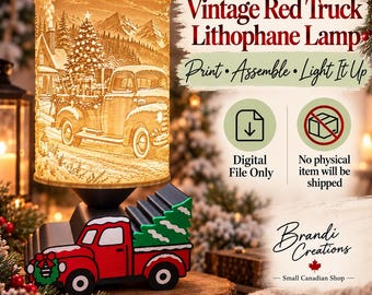 May include: A lithophane lamp featuring a vintage red truck carrying a Christmas tree, with text reading Vintage Red Truck Lithophane Lamp, Print Assemble Light It Up, Digital File Only, No physical item will be shipped, and Brandi Creations.