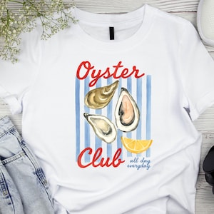 Oyster Club Shirt – Watercolor Seafood Tee – Retro Foodie T-Shirt – Coastal Vibes Shirt – Lemon and Oysters Art Tee