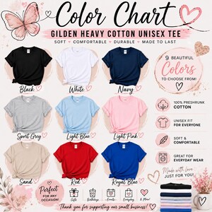 Puede incluir: Una carta de colores para camisetas unisex de algod&oacute;n pesado Gildan que muestra nueve opciones de color: negro, blanco, azul marino, gris deportivo, azul claro, rosa claro, arena, rojo y azul real. Incluye etiquetas de texto, iconos y camisetas.