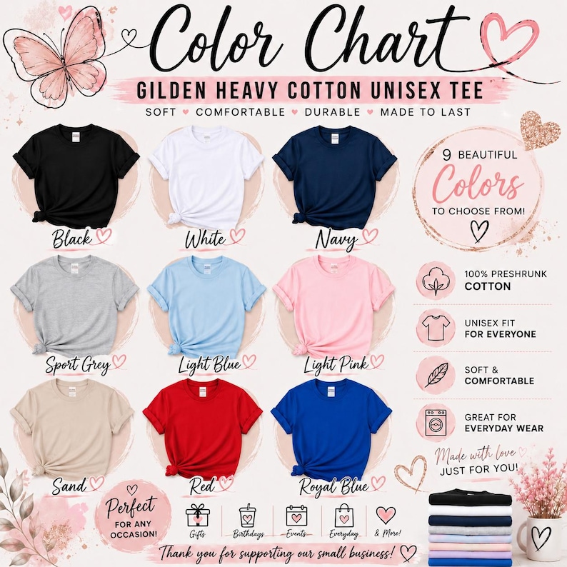 Puede incluir: Una carta de colores para camisetas unisex de algod&oacute;n pesado Gildan que muestra nueve opciones de color: negro, blanco, azul marino, gris deportivo, azul claro, rosa claro, arena, rojo y azul real. Incluye etiquetas de texto, iconos y camisetas.