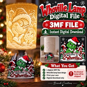 May include: A digital 3MF file for a Whoville lamp featuring a cylindrical shade with a relief of a character in a Santa hat and a base with the text Welcome to Whoville. This is a digital download for 3D printing, not a physical lamp.