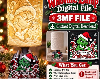 Puede incluir: Un archivo digital 3MF para una lámpara Whoville con una pantalla cilíndrica en relieve de un personaje con gorro de Papá Noel y una base con el texto Welcome to Whoville. Es una descarga digital para impresión 3D.