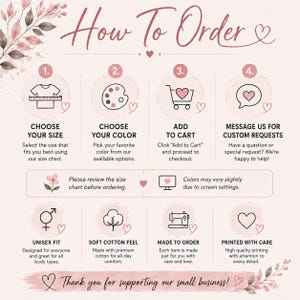 Puede incluir: Un gr&aacute;fico de instrucciones titulado How To Order con fondo rosa claro y detalles florales. Incluye ocho pasos numerados con iconos, que abarcan la elecci&oacute;n de talla y color, a&ntilde;adir al carrito, mensajes y detalles de fabricaci&oacute;n.