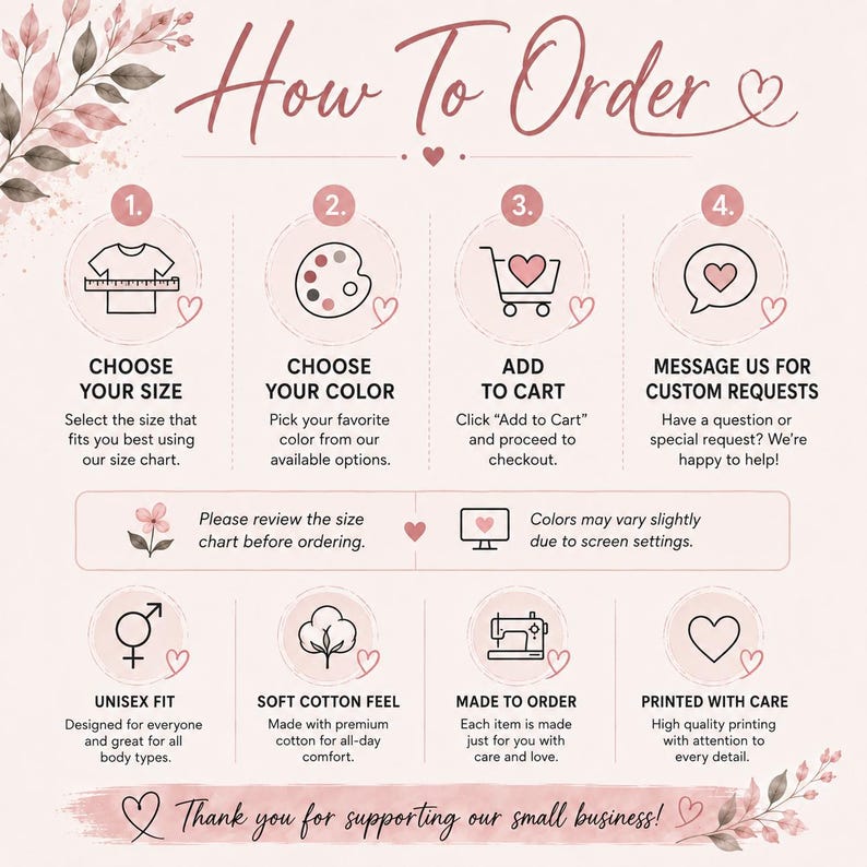 Puede incluir: Un gr&aacute;fico de instrucciones titulado How To Order con fondo rosa claro y detalles florales. Incluye ocho pasos numerados con iconos, que abarcan la elecci&oacute;n de talla y color, a&ntilde;adir al carrito, mensajes y detalles de fabricaci&oacute;n.