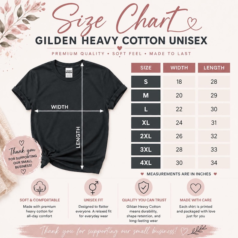 Puede incluir: Una camiseta unisex negra Gildan Heavy Cotton mostrada con una tabla de tallas que indica medidas de ancho y largo en pulgadas. La tabla enumera tallas de S a 4XL con dimensiones correspondientes. El texto incluye Size Chart, Premium Quality.