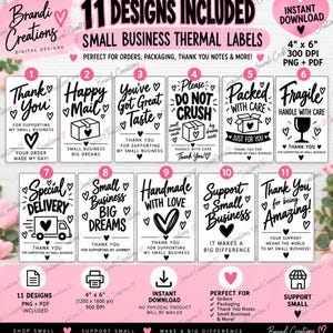 May include: A digital collection of 11 black and white thermal label designs for small businesses. Each rectangular label features unique typography and heart icons with phrases like Thank You, Happy Mail, Fragile, and Handmade With Love. The labels are sized at 4 inches by 6 inches and are provided in PNG and PDF formats.