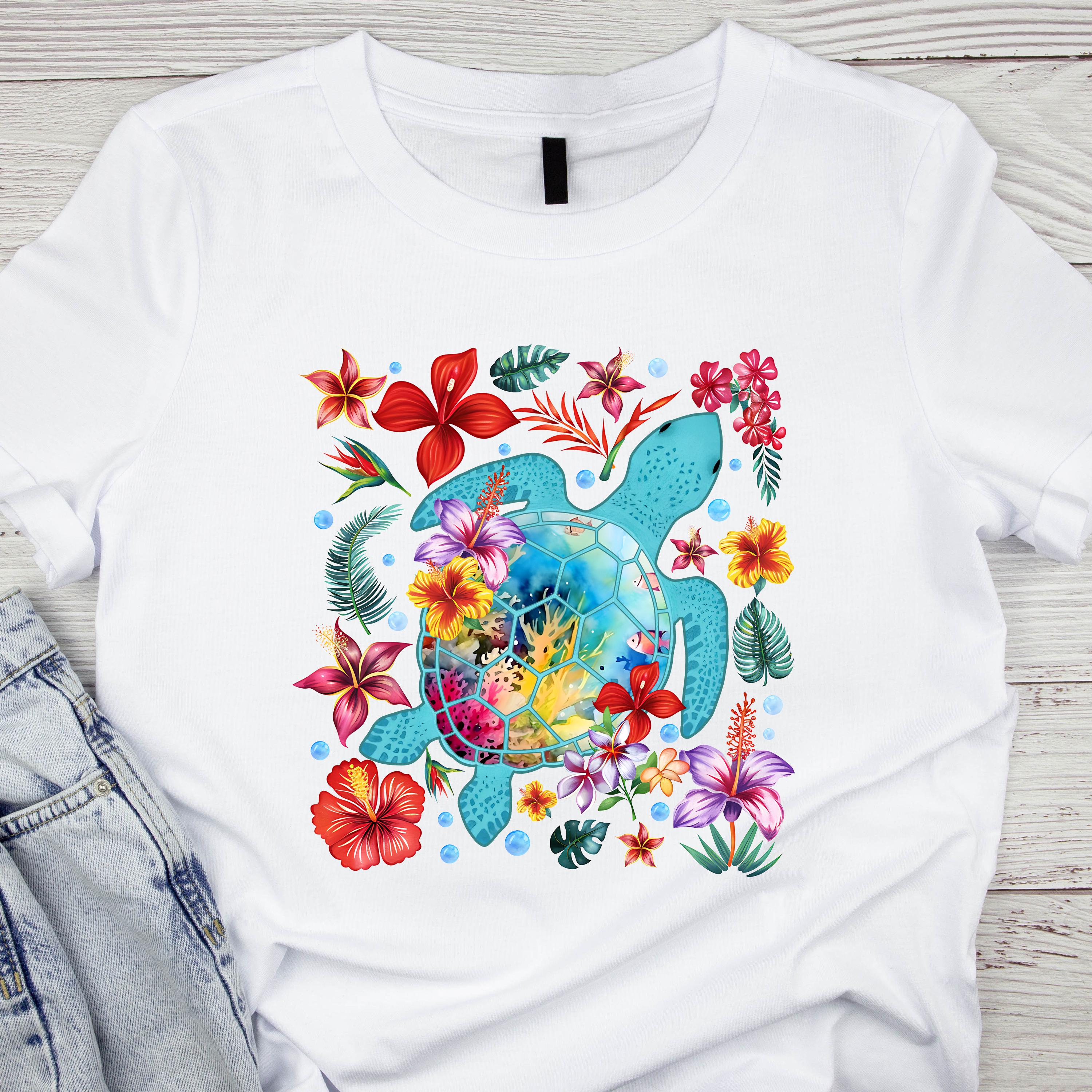 SEA TURTLE, Hibiscous, Flowers, Colourful Tee, Gilden Brand