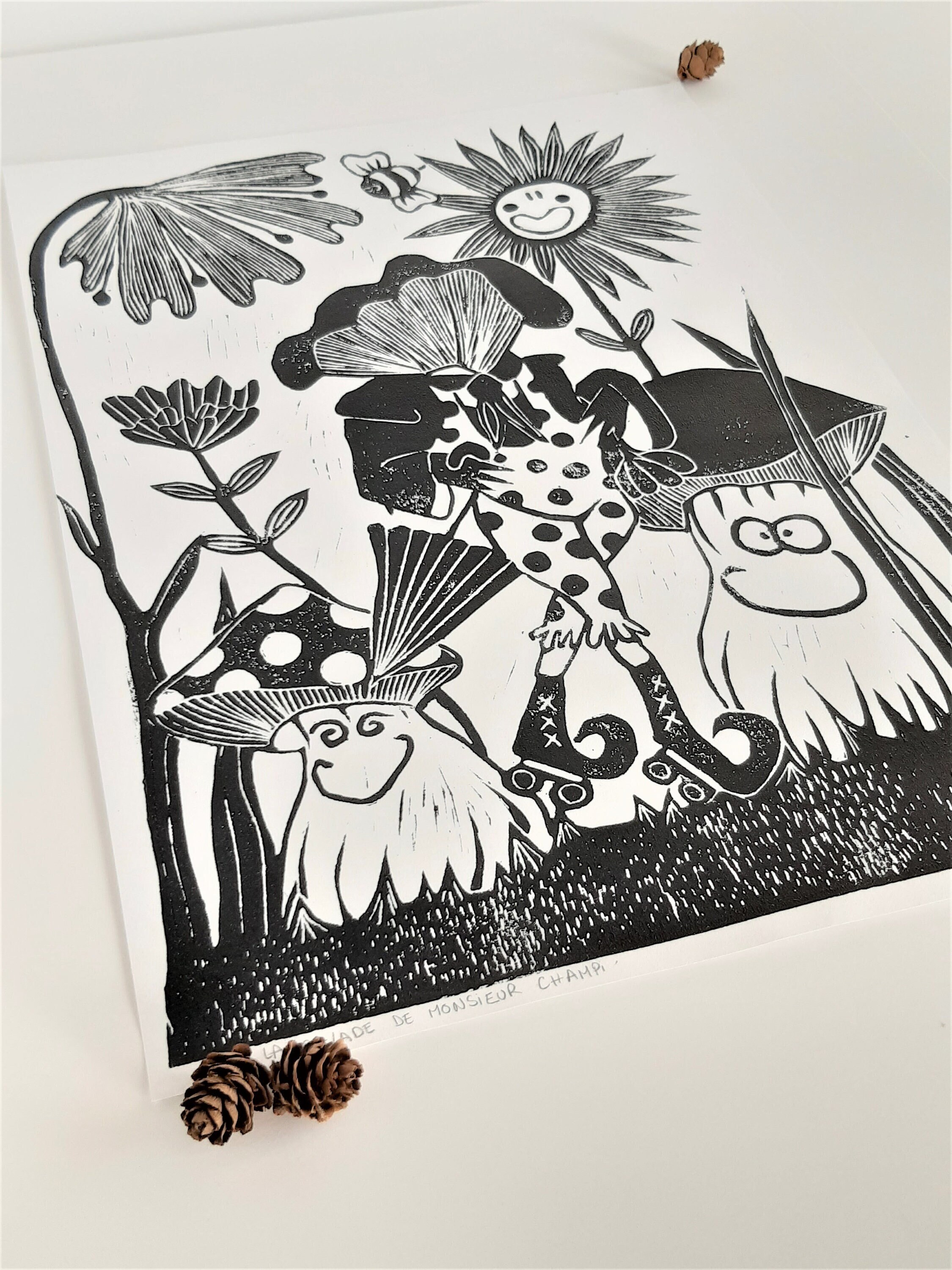 La Balade de Monsieur Champi // Linogravure Grand Format A3, Champignons, Promenade