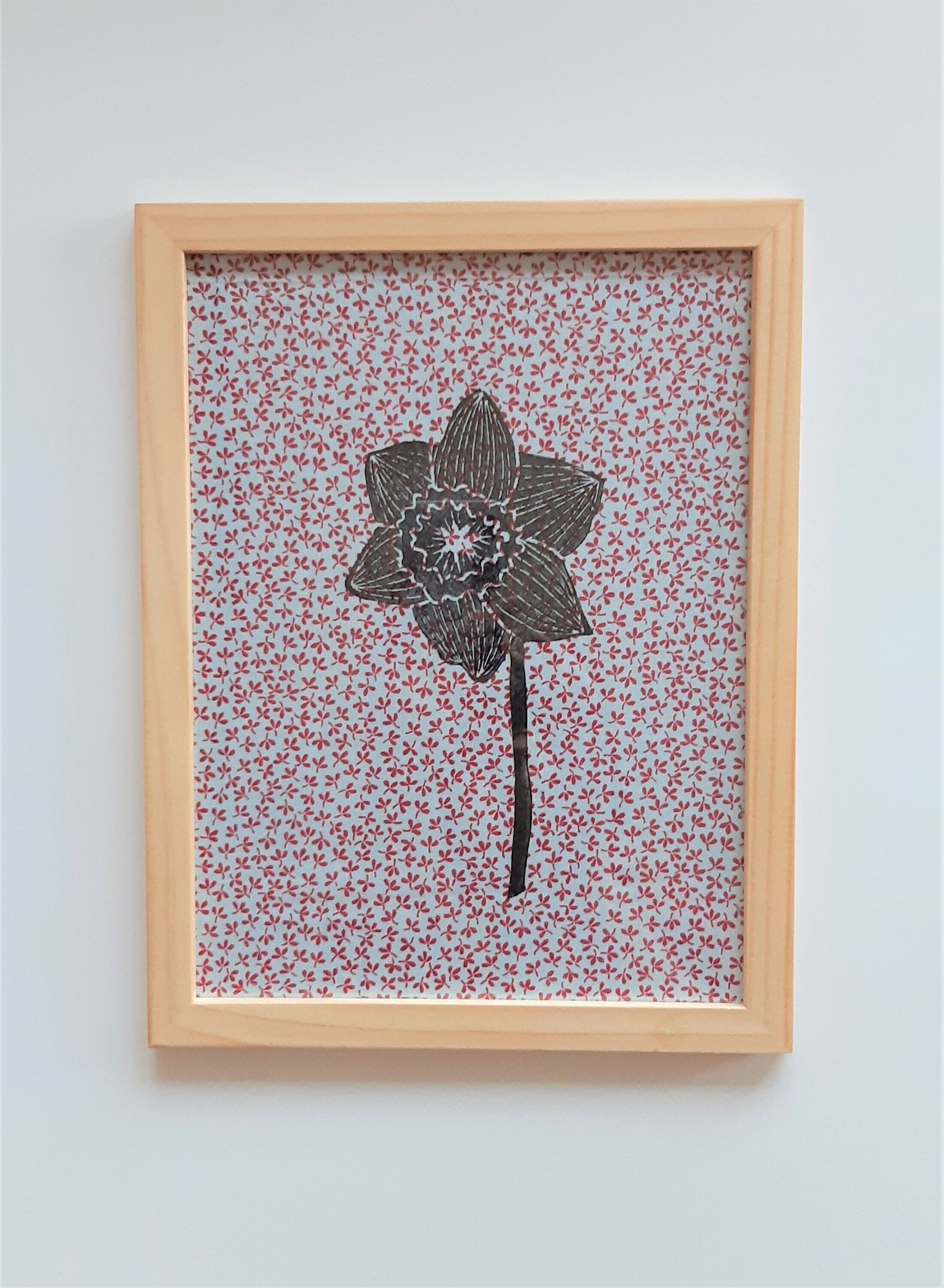 Jonquille // Impression à La Main Linogravure sur Tissu Encadré