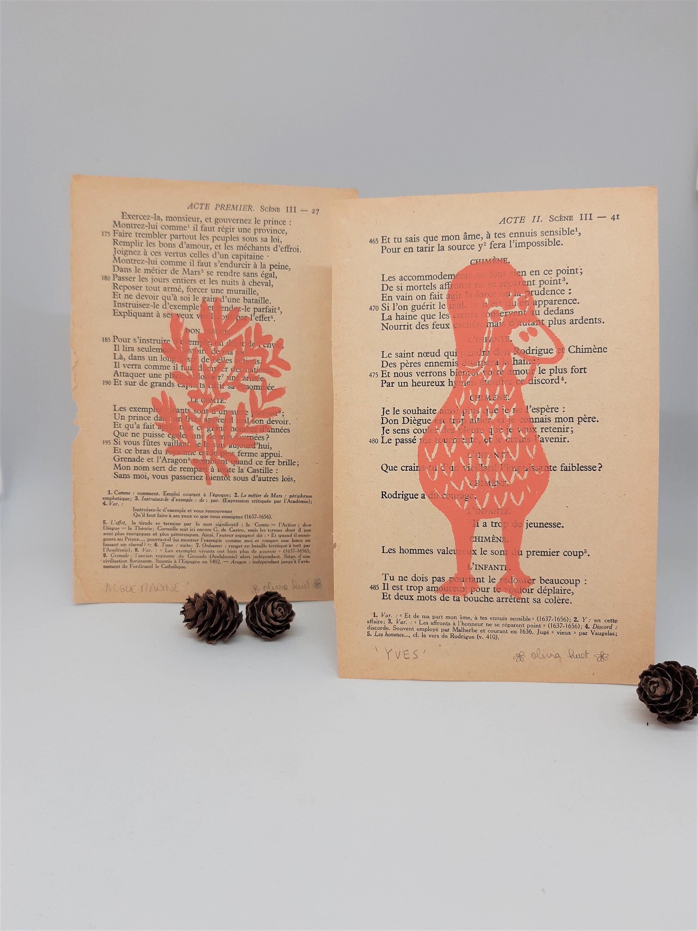 Le Cid // Linogravure Imprimée sur Une Page de Livre, Au Choix Parmi 5 Lino - Algue Marine, Coquilla